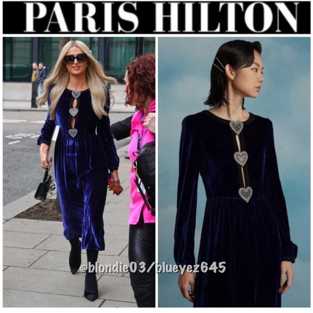 Saloni “Camille” navy velvet hearts midi dress UK8/US4